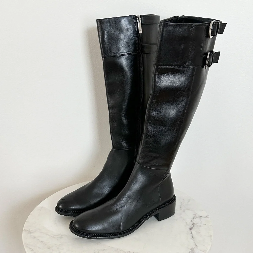 NEW Aquatalia Orsyn Calf Black Leather Zipper Knee High Boots Size 7